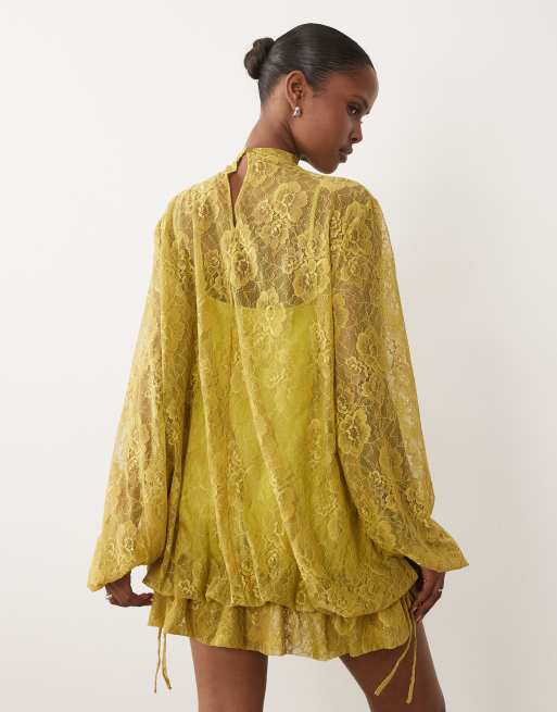 ASOS DESIGN - Robe courte en dentelle avec manches et ourlet bouffants - Vert, 4 de 4