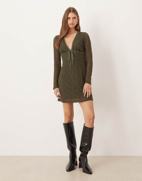 ASOS DESIGN - Robe courte en dentelle avec manches longues et décolleté plongeant à détail noué - Vert - view 1