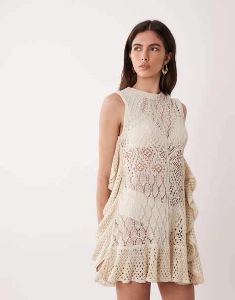 ASOS DESIGN - Robe courte en dentelle surpiquée avec volants - Crème - view 1