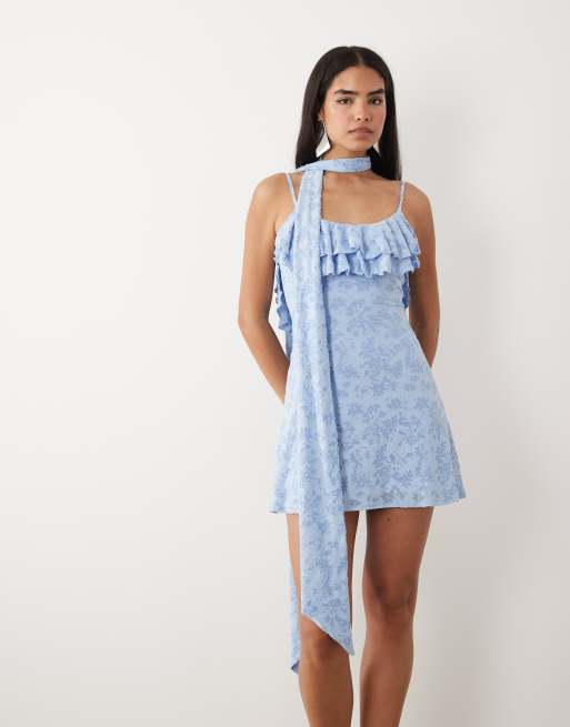 ASOS DESIGN - Robe courte en dévoré avec volants et détail foulard - Bleu, 4 de 4