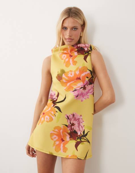 ASOS DESIGN - Robe courte en imitation néoprène à encolure bateau montante et détail dans le dos - Imprimé fleurs - view 1