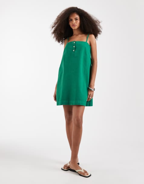 ASOS DESIGN - Robe courte en jean à bretelles et détail boutons - Vert - view 1