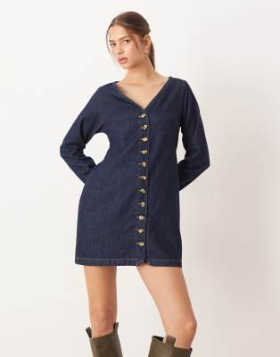 Robe courte en jean à col V et poche - Bleu brut 40