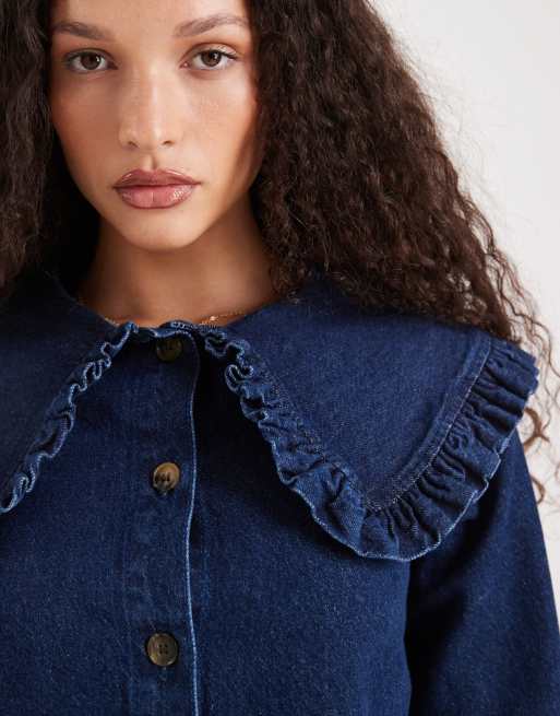 ASOS DESIGN - Robe courte en jean avec col et ourlet à basque - Bleu moyen foncé, 3 de 4