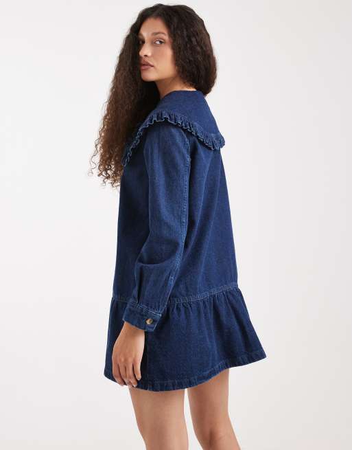 ASOS DESIGN - Robe courte en jean avec col et ourlet à basque - Bleu moyen foncé, 4 de 4