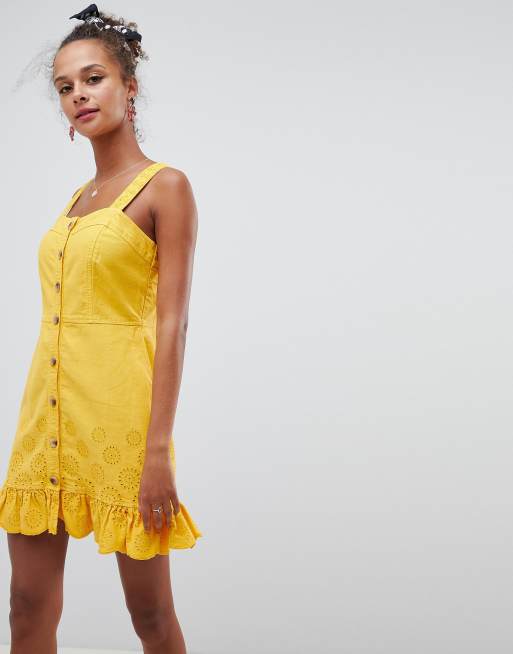 ASOS DESIGN - Robe courte en jean avec détails ajourés - Jaune