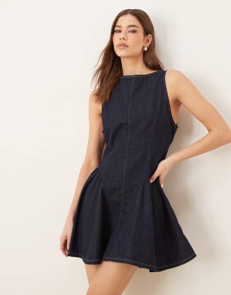 ASOS DESIGN - Robe courte en jean avec empiècements froncés sur les hanches - Indigo délavé - view 1