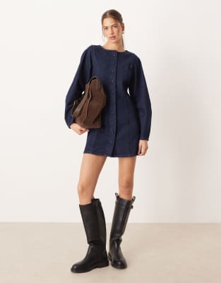 Robe courte en jean façon gilet de tailleur à manches incurvées - Bleu brut-Bleu marine 42