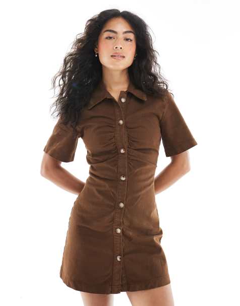 ASOS DESIGN - Robe courte en jean froncée sur le devant - Chocolat - view 1