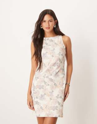 ASOS DESIGN - Robe courte en jean stretch à surpiqûres et imprimé fleuri-Blanc