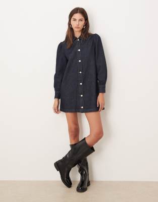 Robe courte en jean style années 70 à manches bouffantes - Indigo-Bleu 44