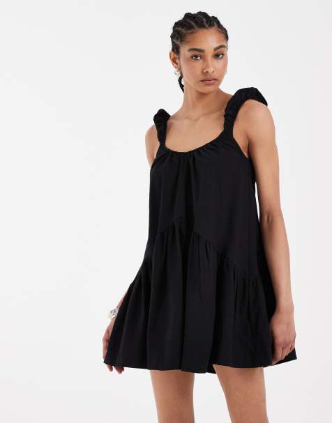 ASOS DESIGN - Robe courte en lin mélangé à manches bouffantes - Noir - view 1