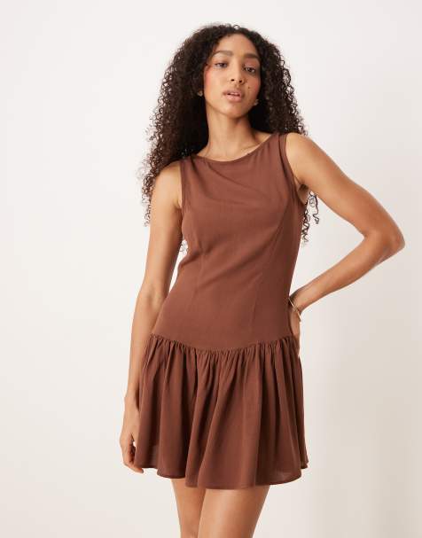 ASOS DESIGN - Robe courte en lin mélangé à taille tombante - Chocolat - view 1