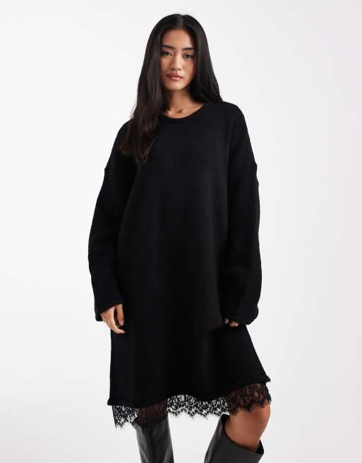 ASOS DESIGN - Robe courte en maille à bordures dentelle - Noir, 2 de 4