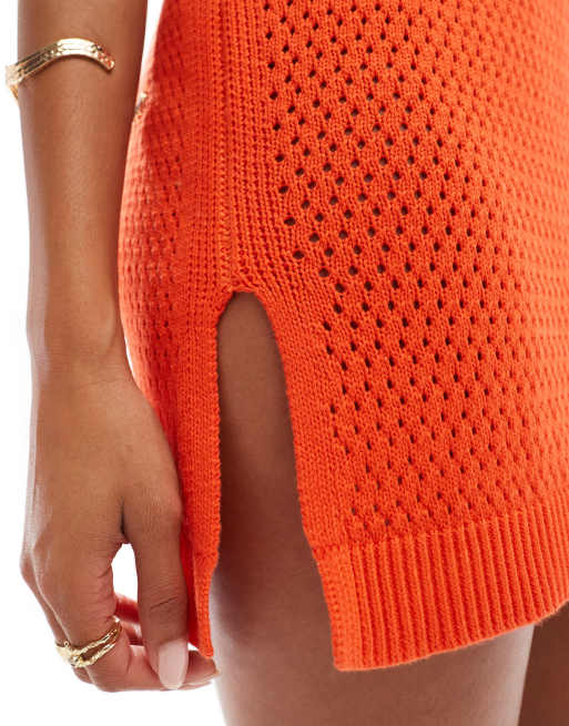 ASOS DESIGN - Robe courte en maille ajourée à col ras de cou - Rouge, 3 de 4