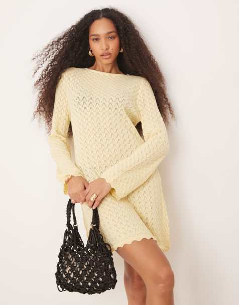 ASOS DESIGN - Robe courte en maille avec manches évasées - Jaune beurre - view 1