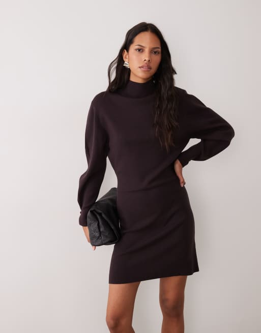 ASOS DESIGN robe courte en maille compacte à col montant avec bouton doré au poignet en chocolat, 2 de 4