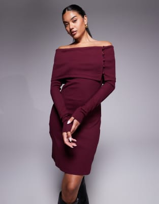 Robe courte en maille côtelée avec encolure Bardot à détail boutonné - Bordeaux-Rouge 44