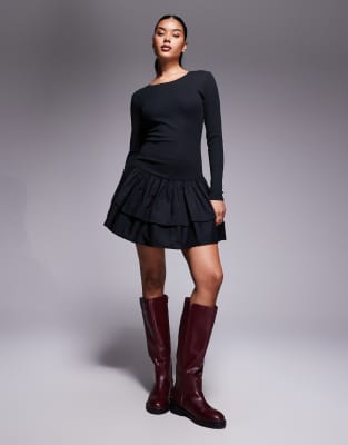Robe courte en maille côtelée avec jupe en tissu - Noir XS