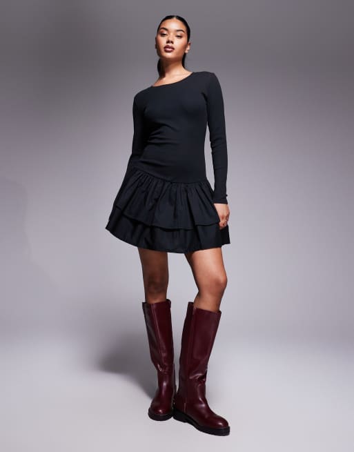 ASOS DESIGN - Robe courte en maille côtelée avec jupe en tissu - Noir