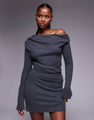 Robe courte en maille duveteuse avec épaule tombante - Anthracite-Gris S