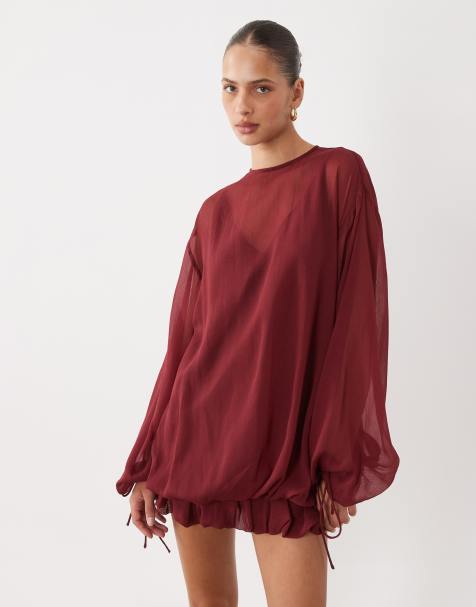 ASOS DESIGN robe courte en mousseline à col montant avec taille blousante, bordeaux - view 1