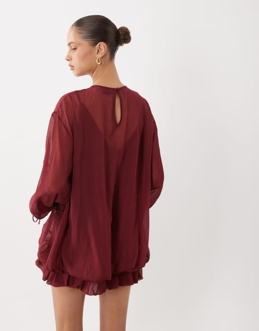 ASOS DESIGN robe courte en mousseline à col montant avec taille blousante, bordeaux, 4 de 4