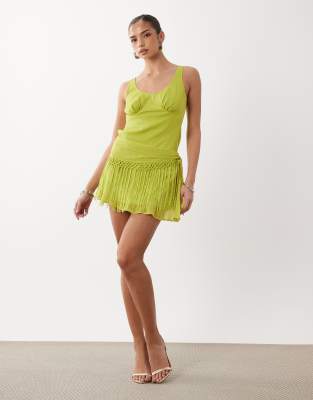 Robe courte en mousseline à franges drapées - Olive-Vert 44