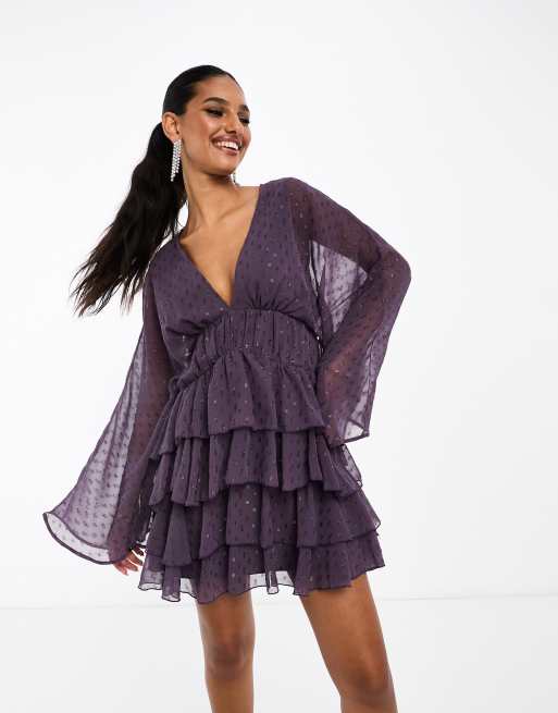 ASOS DESIGN Robe courte en mousseline de soie m tallis e avec jupe rara et manches vas es Violet