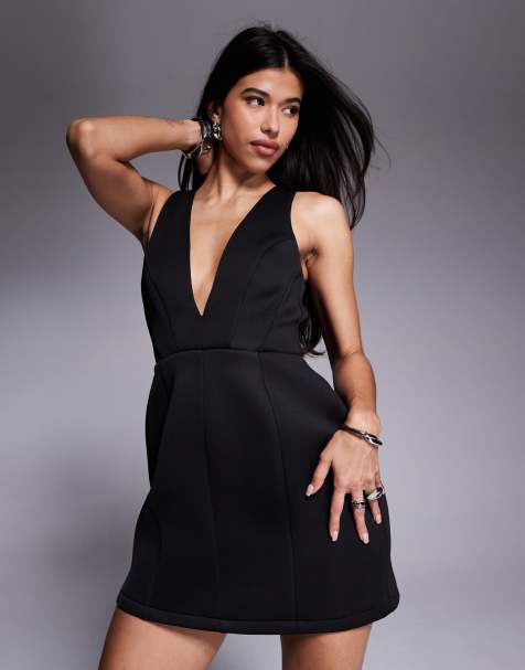 ASOS DESIGN - Robe courte en néoprène à décolleté plongeant et détails structurés aux hanches - Noir - view 1