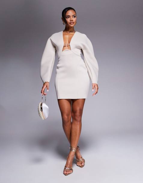 ASOS DESIGN - Robe courte en néoprène à manches cocon et détail au centre - Taupe - view 1