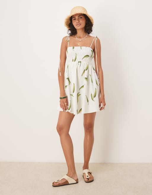 ASOS DESIGN - Robe courte en popeline de coton avec buste froncé et imprimé piment - Vert, 3 de 4