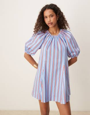 Robe courte en popeline de coton rayée avec manches bouffantes - Bleu 36