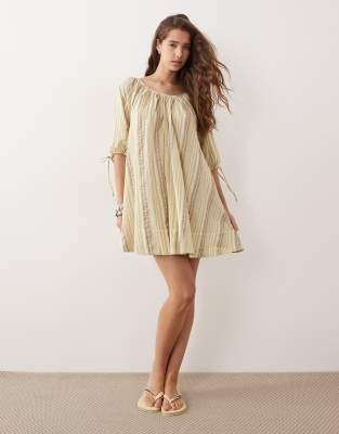 Robe courte en popeline texturée à rayures avec encolure dégagée et manches nouées - Jaune et taupe-multicolore 46