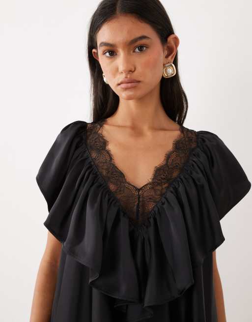 ASOS DESIGN - Robe courte en satin à col V et volants avec bords en dentelle - Noir, 3 de 4