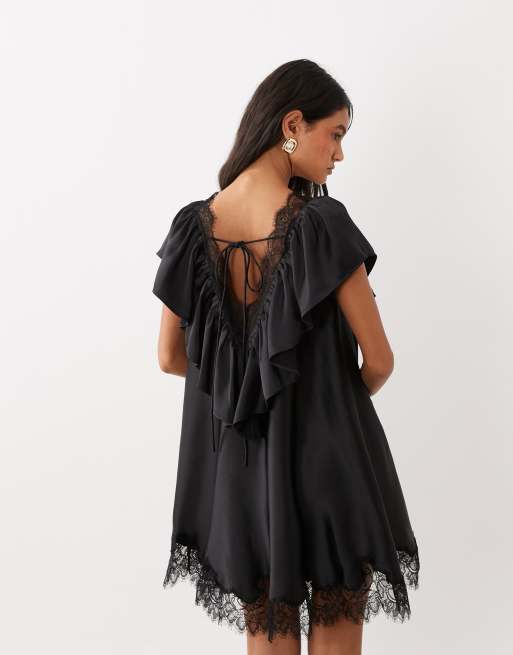 ASOS DESIGN - Robe courte en satin à col V et volants avec bords en dentelle - Noir, 4 de 4