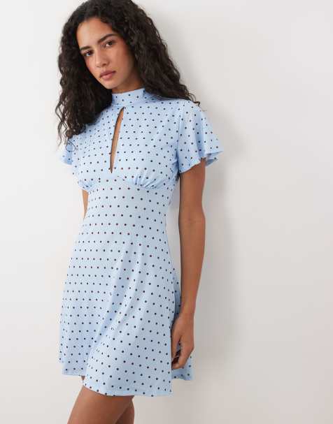 ASOS DESIGN robe courte en tulle à fines bretelles avec détail à nouer, imprimé pois bleu et marron - view 1