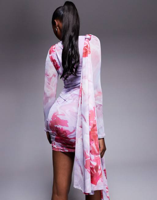 ASOS DESIGN - Robe courte en tulle à fleurs avec épaule nouée et détail drapé - Rose, 4 de 4