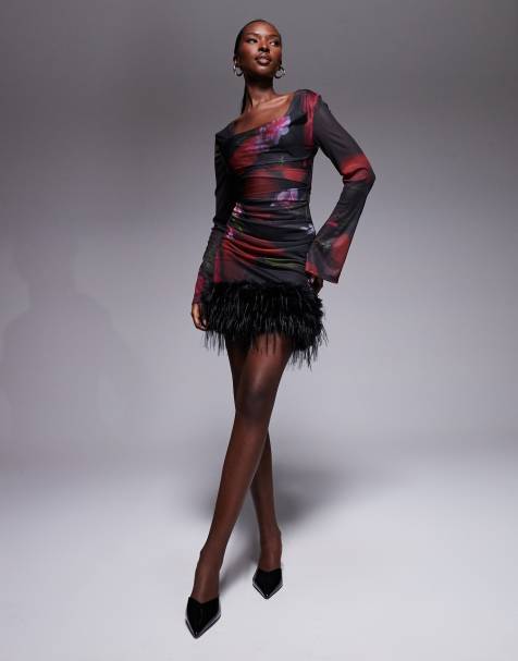 ASOS DESIGN - Robe courte en tulle à manches longues, encolure carrée et jupe bordée de fausse fourrure - Imprimé fleurs - view 1