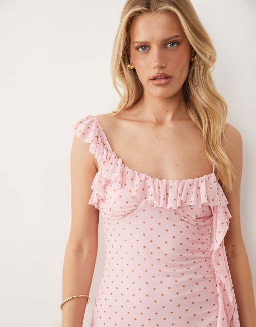 ASOS DESIGN - Robe courte en tulle à pois avec volants et buste froncé - Rose/marron, 3 de 4