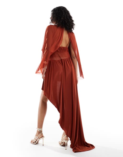 ASOS DESIGN - Robe courte en tulle mélangé avec manches drapées et jupe asymétrique - Rouille, 3 de 4