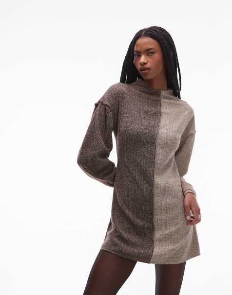 ASOS DESIGN - Robe courte en tweed à manches longues - Marron contrasté - view 1