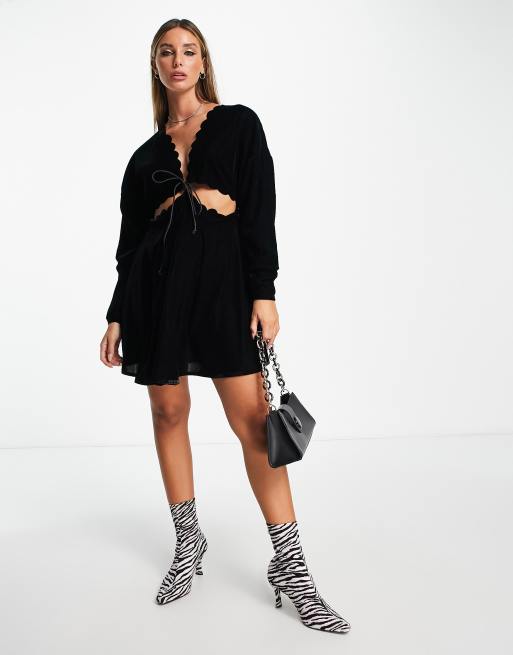 ASOS DESIGN - Robe courte en velours avec découpe à la taille et bords à croisillons - Noir, 4 de 4