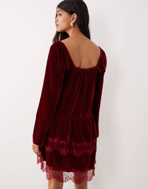 ASOS DESIGN - Robe courte en velours avec manches longues et décolleté en cœur - Lie-de-vin, 2 de 4