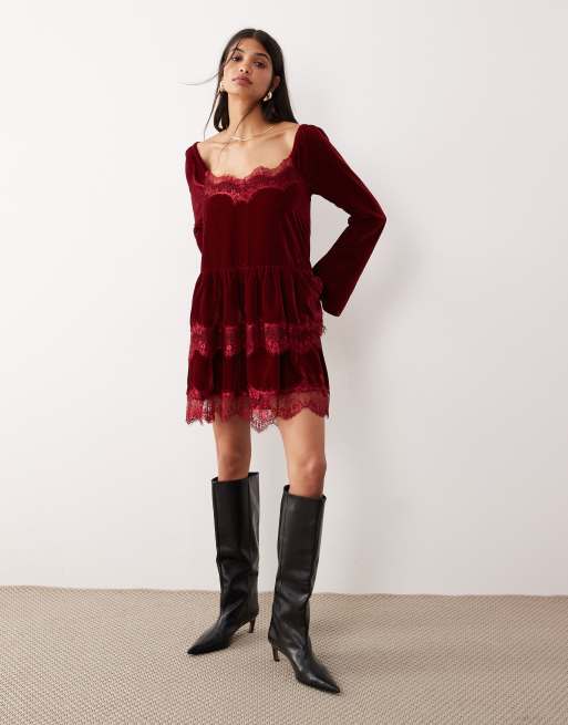 ASOS DESIGN - Robe courte en velours avec manches longues et décolleté en cœur - Lie-de-vin, 3 de 4