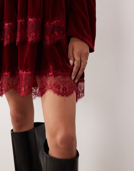 ASOS DESIGN - Robe courte en velours avec manches longues et décolleté en cœur - Lie-de-vin, 4 de 4