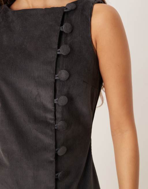 ASOS DESIGN - Robe courte en velours côtelé à encolure bateau et taille basse avec boutons asymétriques - Anthracite, 3 de 4