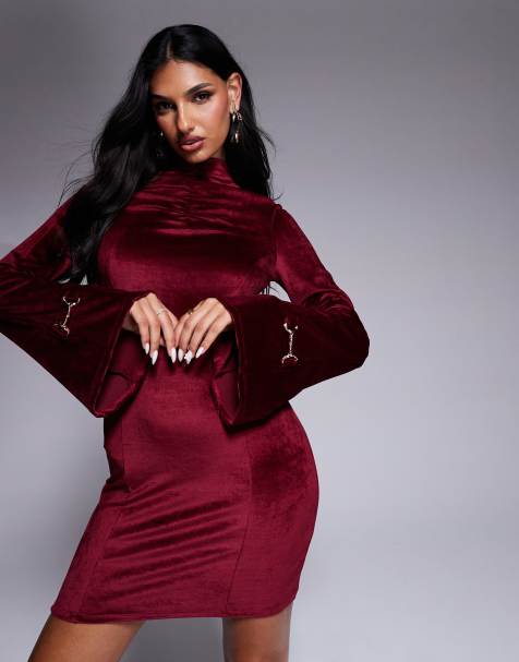 ASOS DESIGN - Robe courte en velours côtelé avec boucles dorées - Bordeaux - view 1