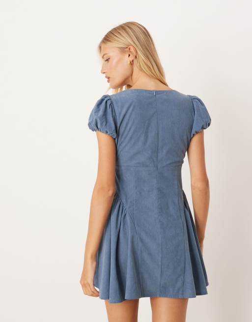 ASOS DESIGN - Robe courte en velours côtelé avec taille corset et manches bouffantes - Bleu ardoise, 3 de 4