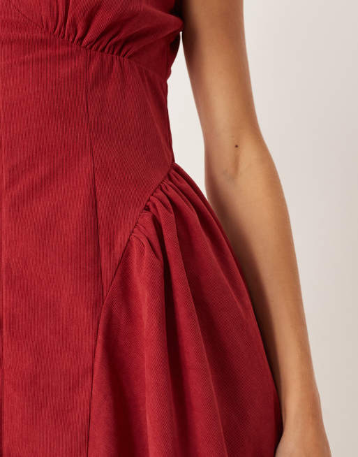 ASOS DESIGN - Robe courte en velours côtelé avec taille corset et manches bouffantes - Rouge cerise, 3 de 4